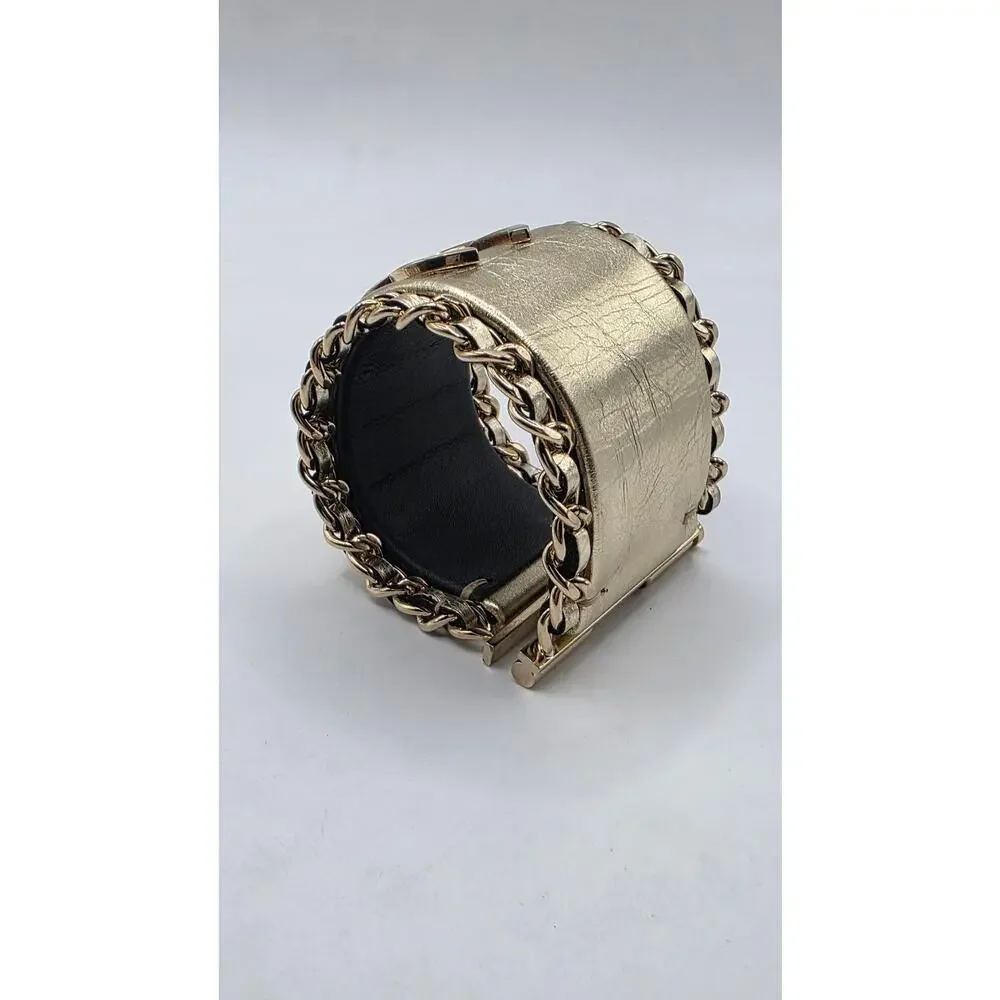 Chanel Gold-tone Leather Interlocking CC Wide Bracelet